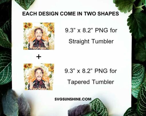 Post Malone Sunflowers 20oz Skinny Tumbler Wrap PNG, American Rapper Tumbler Template PNG For Sublimation