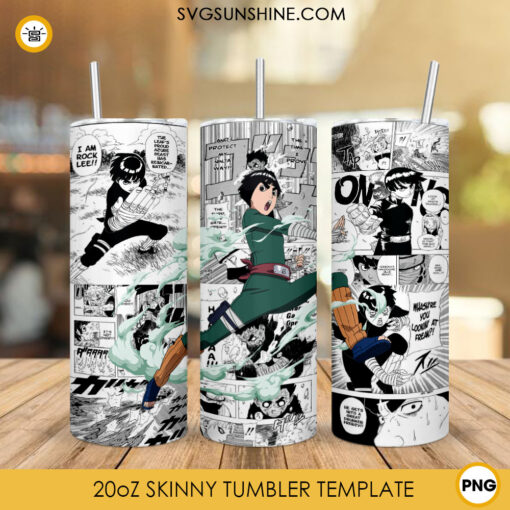 Naruto Rock Lee 20oz Skinny Tumbler Wrap PNG, Anime Tumbler Template PNG