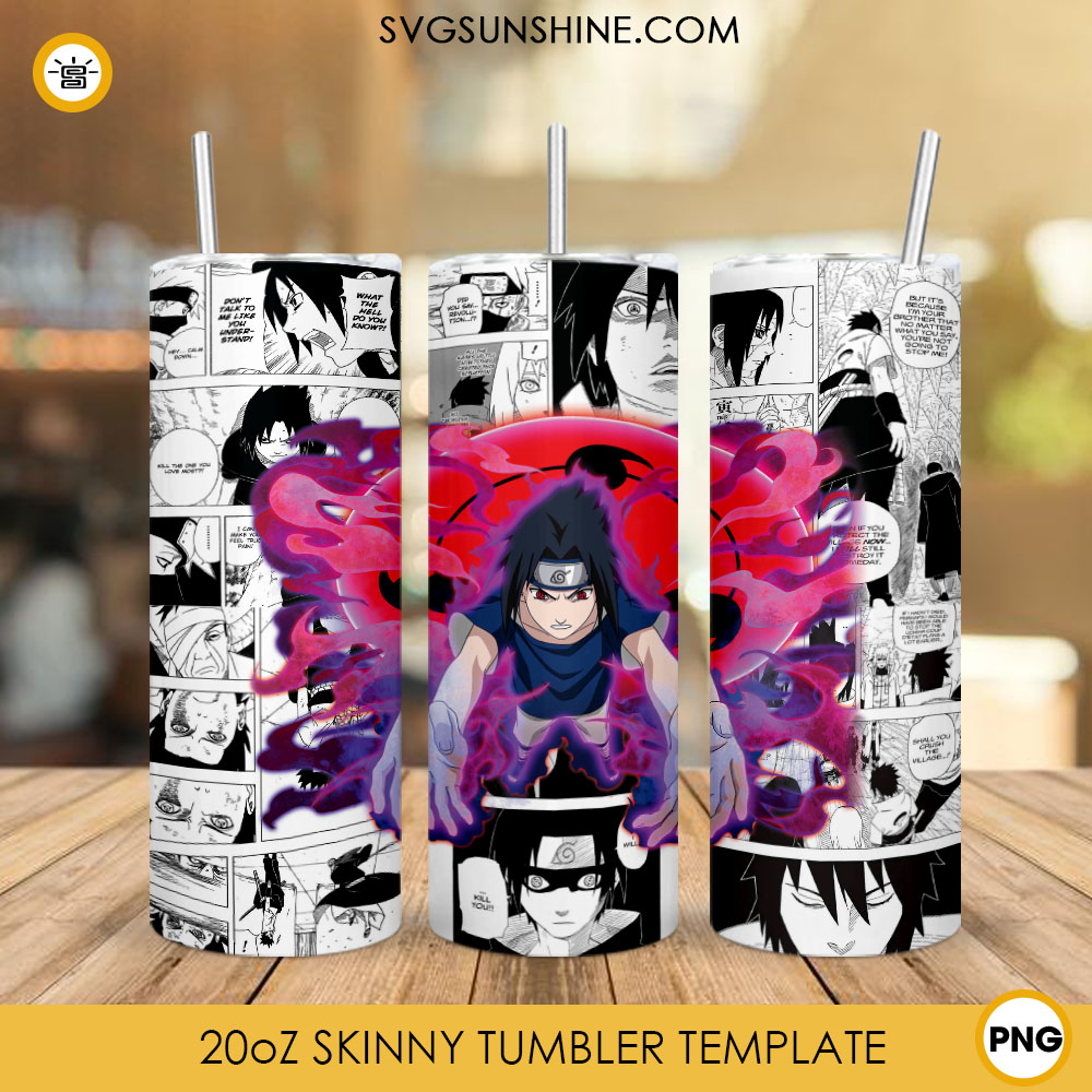 Sasuke Uchiha Mangekyou Sharingan 20oz Skinny Tumbler Template PNG, Anime Naruto Character Tumbler Wrap PNG Design