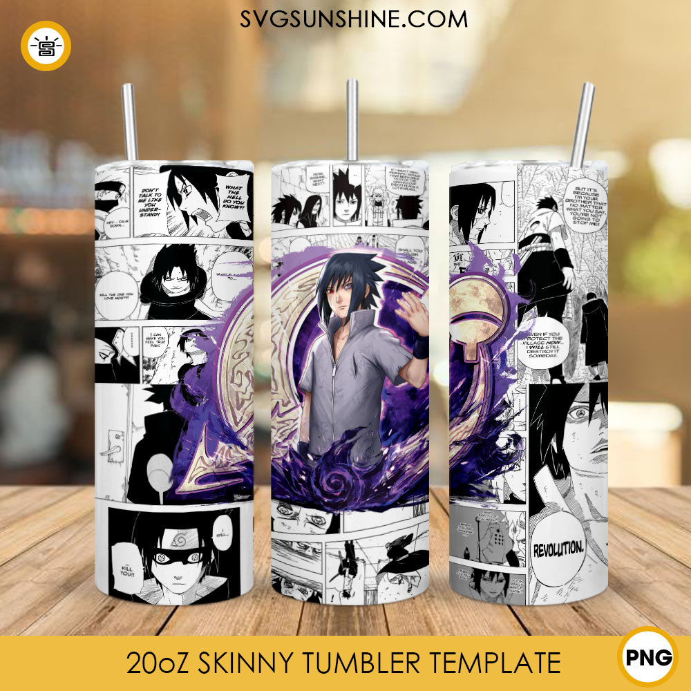 Sasuke Uchiha Rinnegan 20oz Skinny Tumbler Wrap PNG, Naruto Shippuden Anime Tumbler Template PNG Instant Download