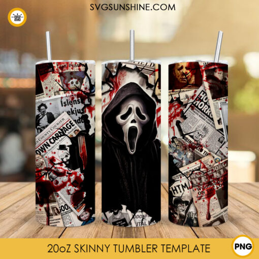 Scream Ghostface Newspaper 20oz Skinny Tumbler Wrap PNG, Scary Movie Tumbler Template PNG