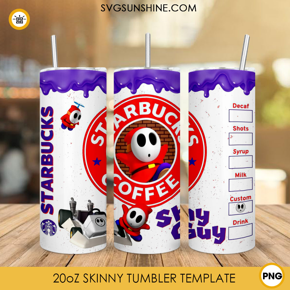 Shy Guy Starbucks Coffee 20oz Skinny Tumbler Wrap PNG Design, Super Mario Bros Straight And Tapered Tumbler Template PNG