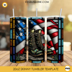 Soldier Boots US Flag Stained Glass 20oz Skinny Tumbler Wrap PNG, American Military Straight And Tapered Tumbler Template PNG