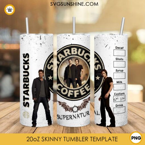 Supernatural Starbucks Coffee 20oz Skinny Tumbler Wrap PNG, Sam And Dean Straight And Tapered Tumbler Template PNG Design