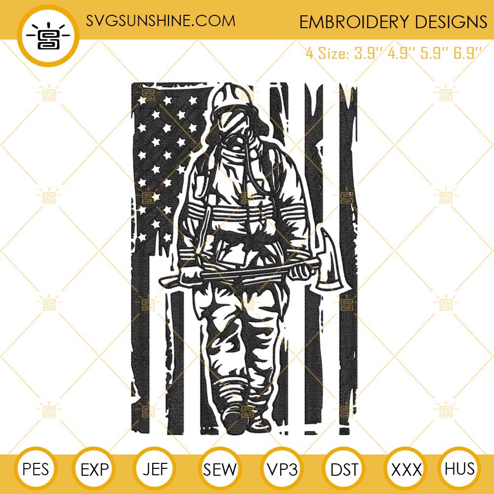 Fireman American Flag Embroidery Files, USA Fighfighter Embroidery Designs