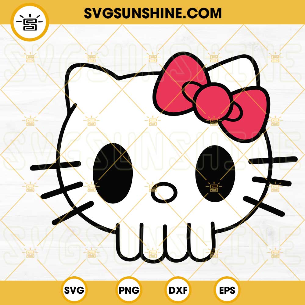Hello Kitty Skull SVG, Cartoon Cat Skull SVG, Hello Kitty Halloween SVG PNG DXF EPS Cricut Silhouette