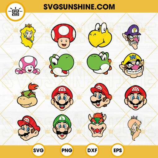 Super Mario Bros Characters Head SVG Bundle, Mario SVG, Luigi SVG, Princess Peach SVG, Bowser SVG, Toad SVG
