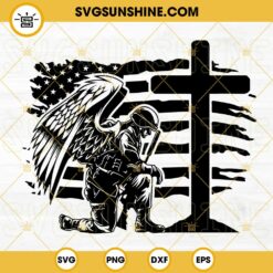Soldier Angel Wings Kneeling At Cross American Flag SVG, US Army Soldier SVG, Patriotic SVG, Veteran SVG PNG DXF EPS