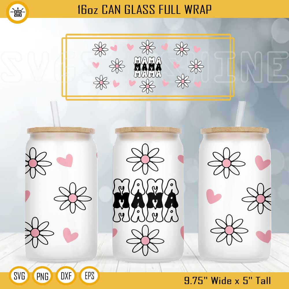 Retro Mama Flower 16oz Libbey Can Glass Wrap SVG, Cute Mom SVG, Mothers Day Cup Wrap SVG PNG DXF EPS