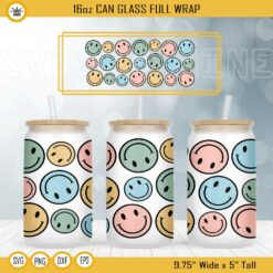 Smiley Faces 16oz Libbey Can Glass Wrap SVG, Emoji SVG, Trendy SVG, Happy Face Cup Wrap SVG PNG DXF EPS