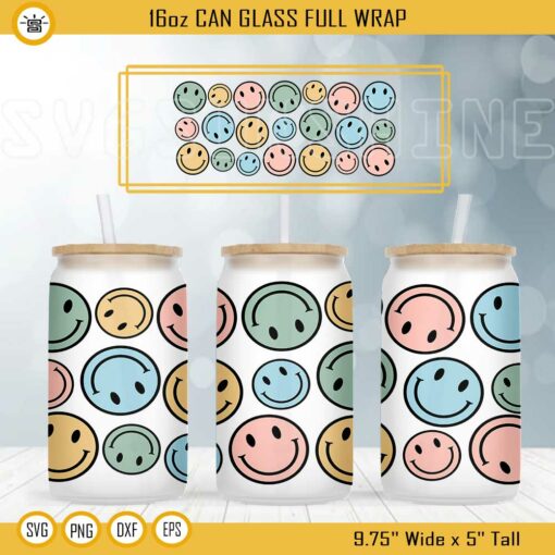 Smiley Faces 16oz Libbey Can Glass Wrap SVG, Emoji SVG, Trendy SVG, Happy Face Cup Wrap SVG PNG DXF EPS
