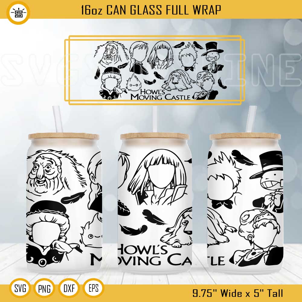 Howl's Moving Castle 16oz Libbey Can Glass Wrap SVG, Anime Cup Wrap SVG PNG DXF EPS Cricut Files