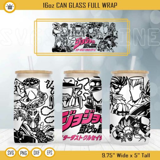 JoJo’s Bizarre Adventure 16oz Libbey Can Glass Wrap SVG, Anime Cup Wrap SVG PNG DXF EPS
