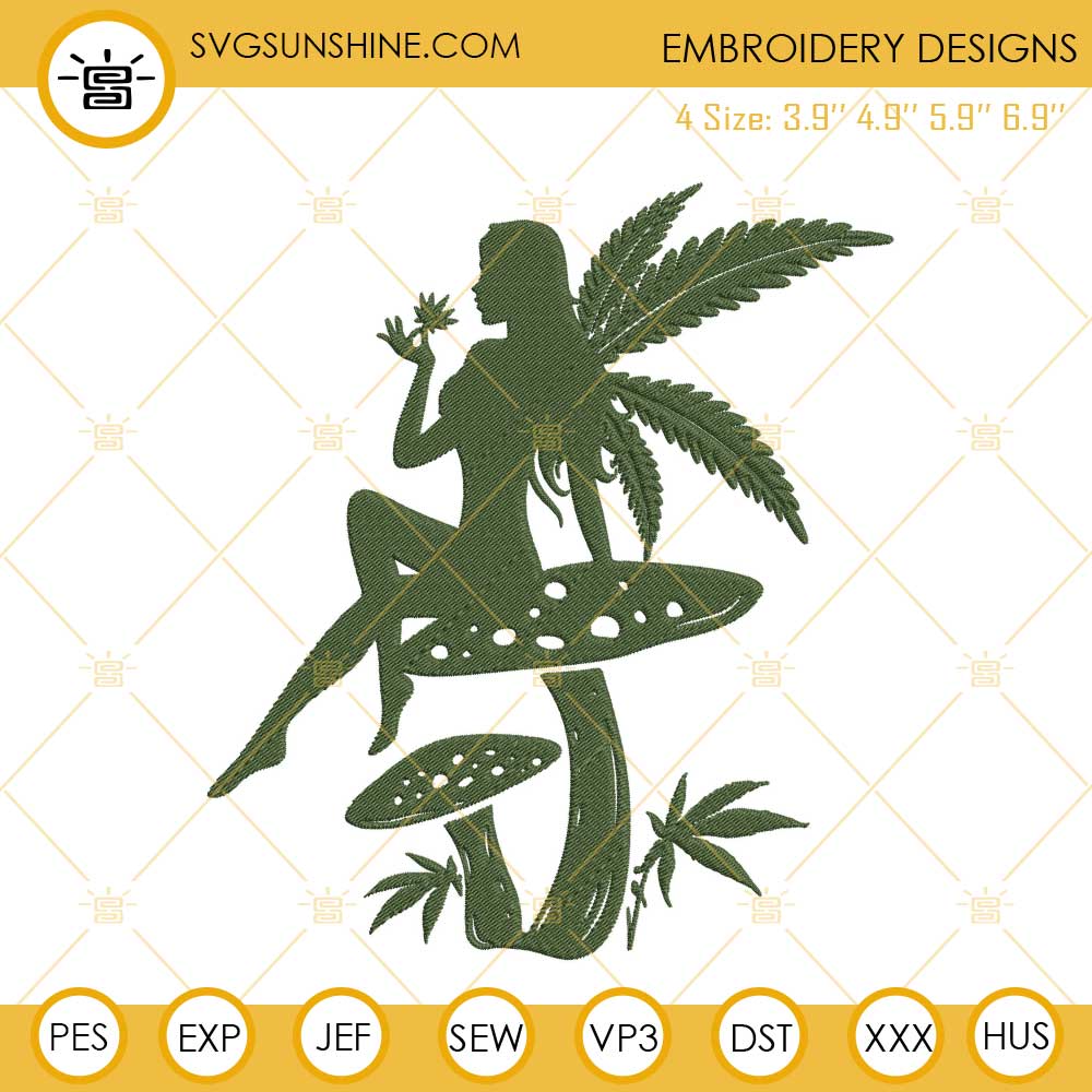 Fairy Smoking Weed On Mushroom Embroidery Designs, Cannabis Stoner Machine Embroidery Files