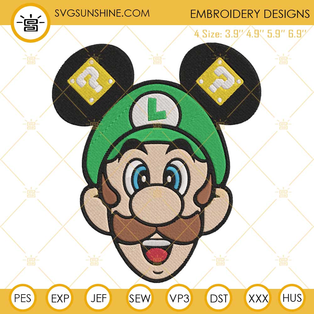 Luigi Mickey Ears Embroidery Files, Super Mario Brothers Embroidery Designs