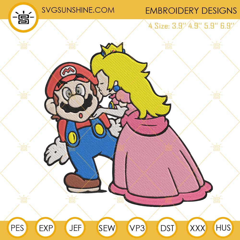 Mario And Princess Peach Kiss Embroidery Files, Super Mario Couple Embroidery Designs