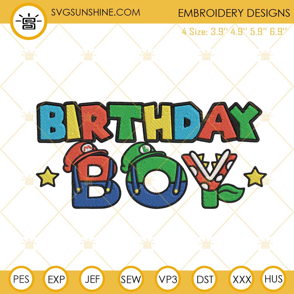 Mario Birthday Boy Embroidery Files, Super Mario Bros Party Embroidery Designs