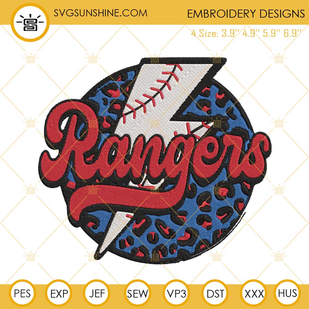 Rangers Baseball Lightning Bolt Leopard Machine Embroidery Designs, Texas Rangers Embroidery Files