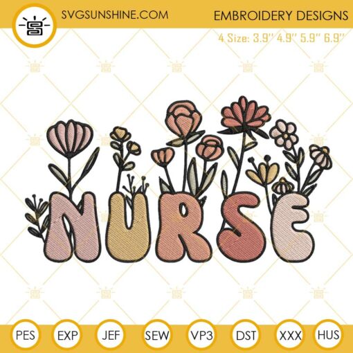 Boho Floral Nurse Embroidery Design, Retro Nurse Embroidery File