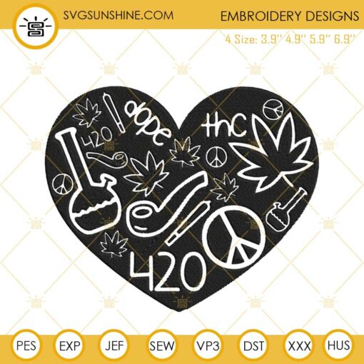 Happy 420 Heart Embroidery Design, Cannabis Embroidery File