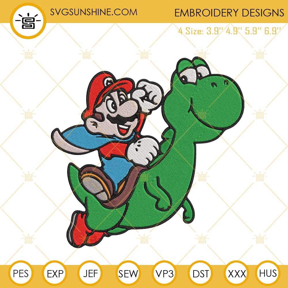 Mario Riding Yoshi Embroidery Design, Super Mario Bros Embroidery File