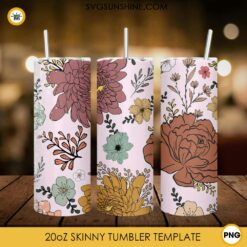 Vintage Flowers Pattern 20oz Skinny Tumbler Wrap PNG, Boho Floral Tumbler Template PNG Design