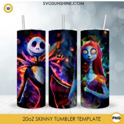Jack And Sally Watercolor 20oz Skinny Tumbler Wrap PNG, Nightmare Before Christmas Tumbler Template PNG Design