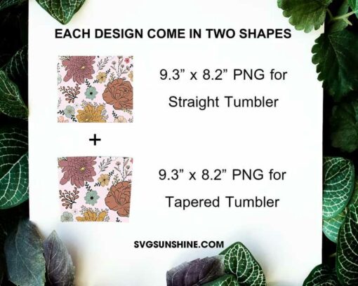 Vintage Flowers Pattern 20oz Skinny Tumbler Wrap PNG, Boho Floral Tumbler Template PNG Design