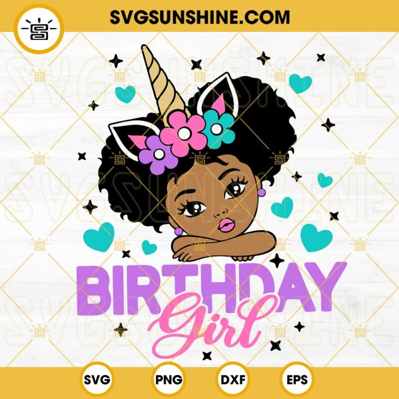 Black Girl Unicorn Birthday Girl SVG, Cute Puff Hair Girl SVG, Afro