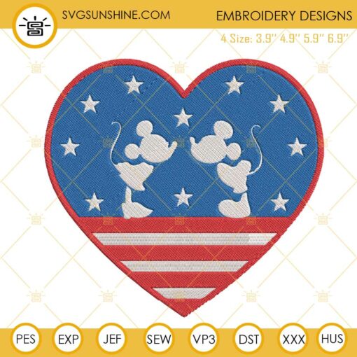 Mickey Minnie Mouse Kisses USA Heart Retro Machine Embroidery Designs, Disney Patriotic Embroidery Pattern Files