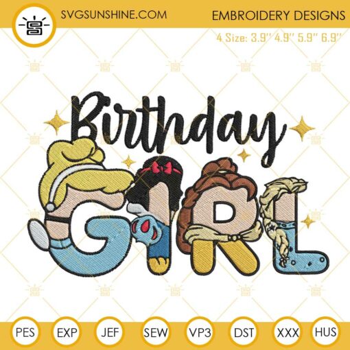 Birthday Girl Princess Embroidery Designs, Disney Birthday Party Embroidery Files