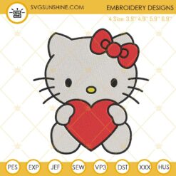 Hello Kitty Hugs Heart Embroidery Designs, Kawaii Cat Embroidery Files