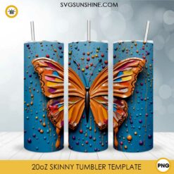 Butterfly Colorful 3D 20oz Skinny Tumbler Wrap PNG, Butterflies Tumbler Template PNG Sublimation