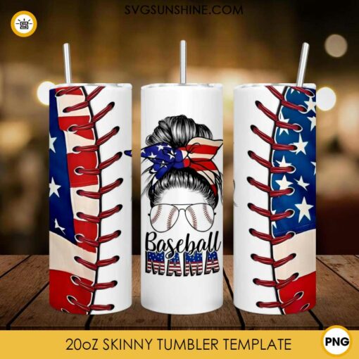 Baseball Mama Messy Bun American Flag 20oz Skinny Tumbler Wrap PNG, Baseball Mom Tumbler Template PNG Sublimation