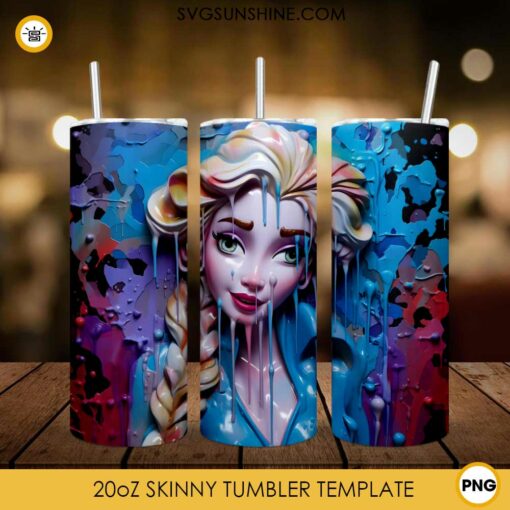 Elsa 3D Colorful 20oz Skinny Tumbler Wrap PNG, Disney Frozen Tumbler Template PNG