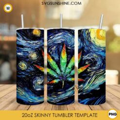 The Starry Night Weed Leaf 20oz Skinny Tumbler Wrap PNG, Van Gogh Marijuana Tumbler Template PNG Sublimation