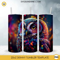 Colorful Glitter Owl 20oz Skinny Tumbler Wrap PNG, Bird Tumbler Template PNG Sublimation