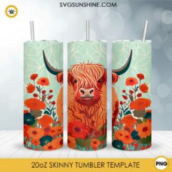 Cute Highland Cow Flowers 20oz Skinny Tumbler Wrap PNG, Highland Cattle Heifer Tumbler Template PNG Sublimation