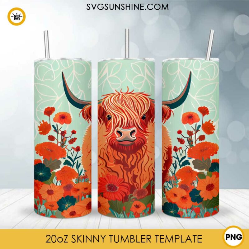 Cute Highland Cow Flowers 20oz Skinny Tumbler Wrap PNG, Highland Cattle ...