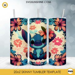 Cute Stitch With Flowers 20oz Skinny Tumbler Wrap PNG, Lilo And Stitch Tumbler Template PNG Sublimation