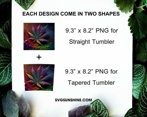 Weed Leaf Colorful Glitter 20oz Skinny Tumbler Wrap PNG, Marijuana Tumbler Template PNG Sublimation