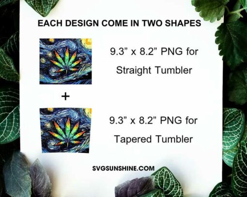 The Starry Night Weed Leaf 20oz Skinny Tumbler Wrap PNG, Van Gogh Marijuana Tumbler Template PNG Sublimation