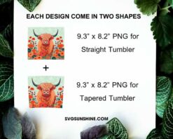 Cute Highland Cow Flowers 20oz Skinny Tumbler Wrap PNG, Highland Cattle Heifer Tumbler Template PNG Sublimation