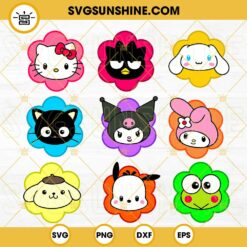 Sanrio Characters Face Flower SVG Bundle, Hello Kitty SVG, Cappuccino SVG, My Melody SVG, Kuromi SVG, Sanrio Cartoon SVG PNG DXF EPS