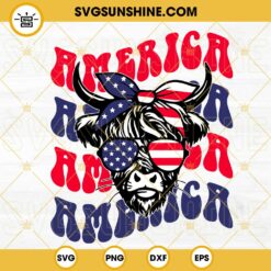 Highland Cow America SVG, USA Bandana Sunglasses Cow SVG, Funny 4th Of July SVG, Patriotic Heifer SVG PNG DXF EPS