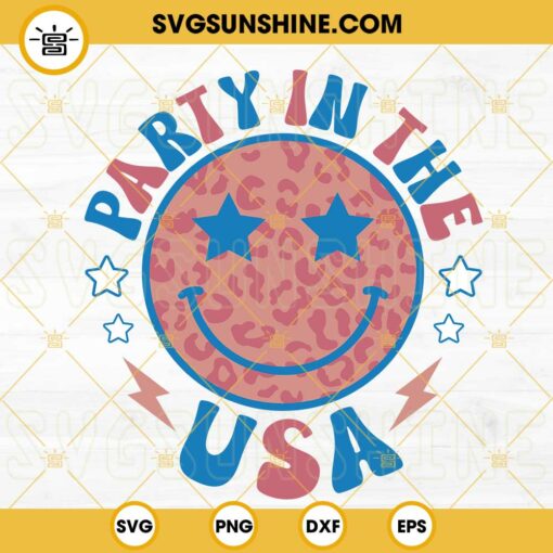 Party In The USA Leopard Smiley Face SVG, Retro 4th Of July SVG, American Independence SVG PNG DXF EPS