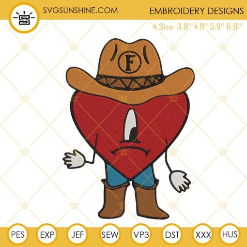 Bad Bunny Heart Cowboy Embroidery Designs, Un x100to Grupo Frontera Machine Embroidery Files