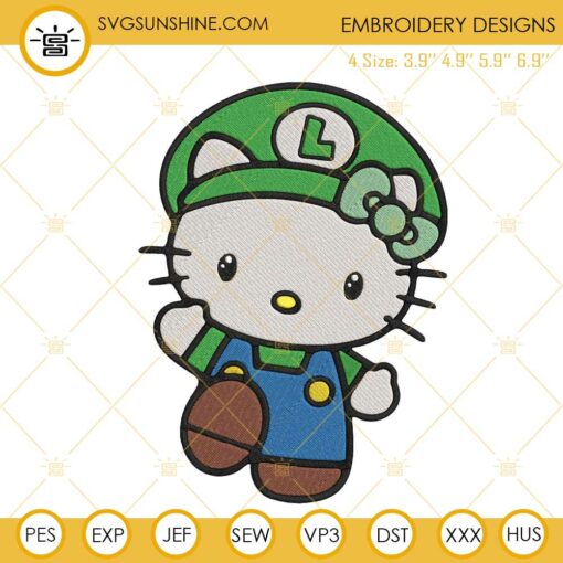 Hello Kitty Luigi Embroidery Designs, Cute Super Mario Luigi Machine Embroidery Files
