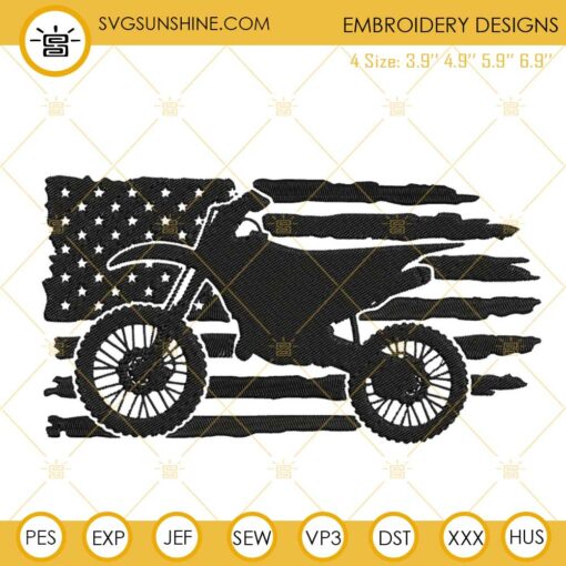 Motocross American Flag Embroidery Designs, Motorcycle 4th Of July Machine Embroidery Files
