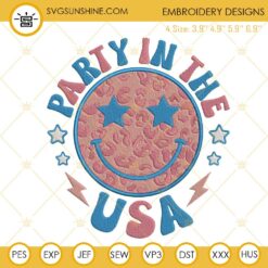 Party In The USA Retro Smiley Leopard Embroidery Designs, Funny 4th Of July Machine Embroidery Files